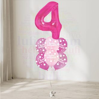   4 számos, boldog születésnapot pöttyös pink héliumos luficsokor