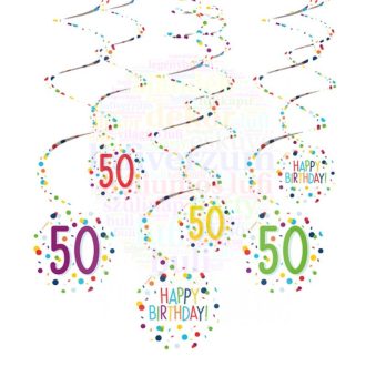   50-es Konfetti Mintás Szülinapi Spirális Függő Dekoráció, 6 db-os