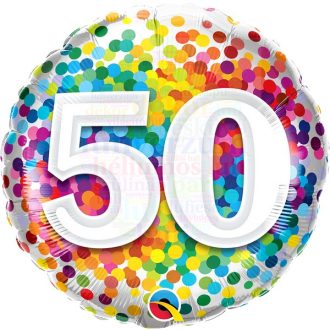 50-es Szivárvány Konfettis Szülinapi Fólia Lufi