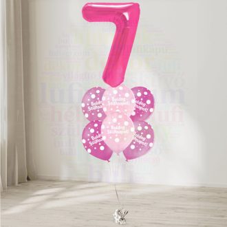   7 számos, boldog születésnapot pöttyös pink héliumos luficsokor