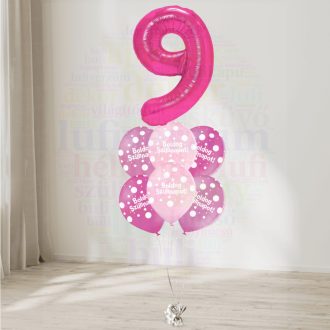   9 számos, boldog születésnapot pöttyös pink héliumos luficsokor