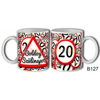 Boldog 20. Szülinapot sebességkorlátozó táblás bögre