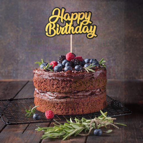 Tortadísz - Happy Birthday felirat - 13 cm x 8,5 cm - Arany-fekete