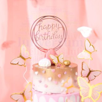 Tortadísz - Happy Birthday felirat - 17 cm - Rózsaarany