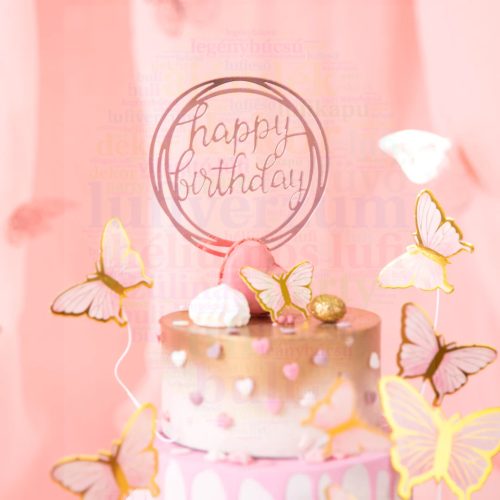 Tortadísz - Happy Birthday felirat - 17 cm - Rózsaarany