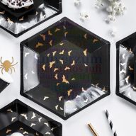   Arany Denevér Mintás Fekete Parti Tányér Halloween-re - 20 cm, 6 db-os