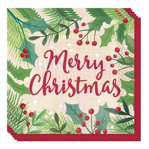 Karácsonyi - Merry Holly Day Christmas Parti Szalvéta - 33 cm x 33 cm, 16 db-os