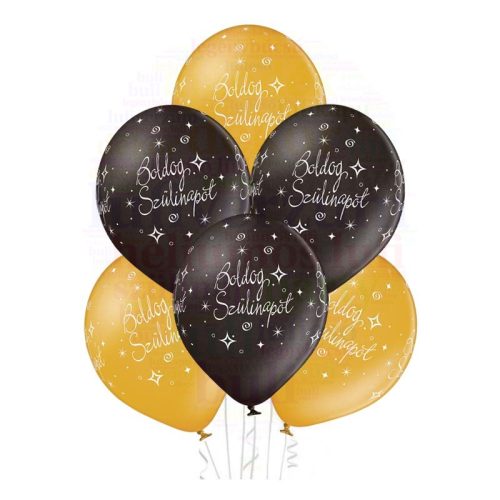 28 cm-es Boldog Születésnapot Lufi darabra - Arany/fekete