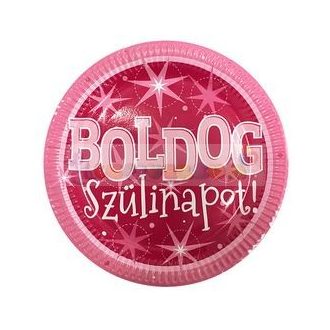   Boldog Szülinapot Rózsaszín Parti Tányér, 23 cm, 6 db-os