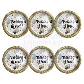  Boldog Új Évet! Elegáns Léggömbös Szilveszteri Parti Papír Tányér, 23 cm-es, 6 db-os