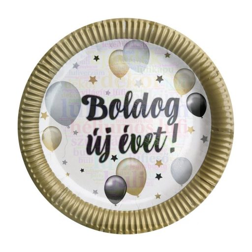 Boldog Új Évet! Elegáns Léggömbös Szilveszteri Parti Papír Tányér, 23 cm-es, 6 db-os