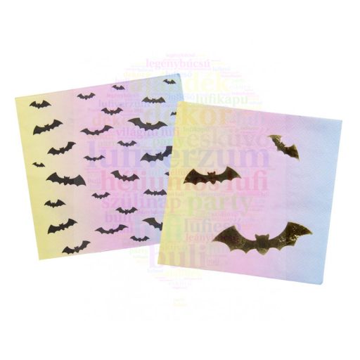 Arany Fekete Denevér Mintás Pasztel Színű Szalvéta Halloween-re, 33 cm x 33 cm, 16 db
