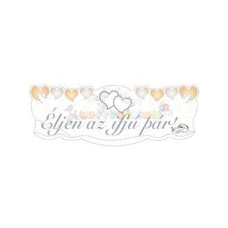   Éljen az ifjú pár! Szívek és Galambok Ezüst Esküvői Banner - 90 cm x 30 cm