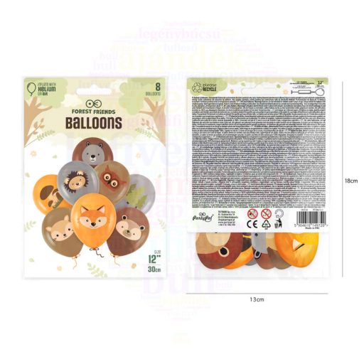 Erdei Állatok - Biológiailag lebomló latex léggömbök, 30 cm, 8 db/csomag