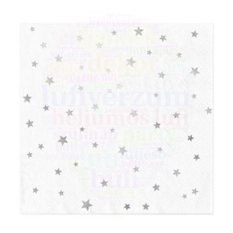   Ezüst Fehér Színű Csillagos Parti Szalvéta - 33 cm x 33 cm, 10 db-os