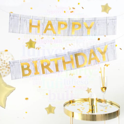 Happy Birthday arany-ezüst felirat - 200 cm x 18 cm