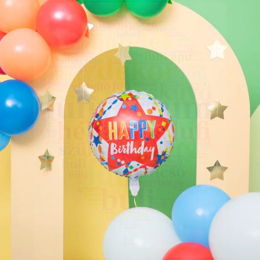 Piros csillagos Happy Birthday szülinapi fólia lufi - 45 cm