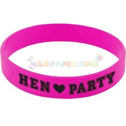 Hen Party Feliratú Rózsaszín Gumi Karkötő Lánybúcsúra, 6 db-os