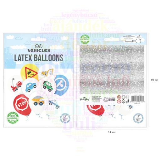 Járműves - Biológiailag lebomló latex léggömbök, 30 cm, 9 db/csomag