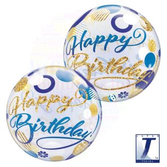 Szülinapos Bubbles lufi - kék-arany - 56 cm