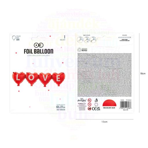 Piros LOVE szív levegős fólia lufi 20 cm x 80 cm