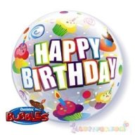   Szülinapos Bubbles lufi - Happy Birthday felirattal és sütikkel, 56 cm-es