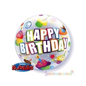   Szülinapos Bubbles lufi - Happy Birthday felirattal és sütikkel, 56 cm-es