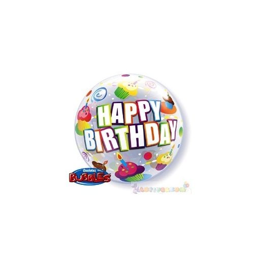 56 cm-es Szülinapos Bubbles lufi - Happy Birthday felirattal és sütikkel