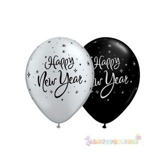   28 cm-es Happy New Year feliratú Szilveszteri Léggömb darabra ezüst, fekete