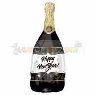   Happy New Year Fekete Pezsgősüveg Super Shape Fólia Léggömb Szilveszterre