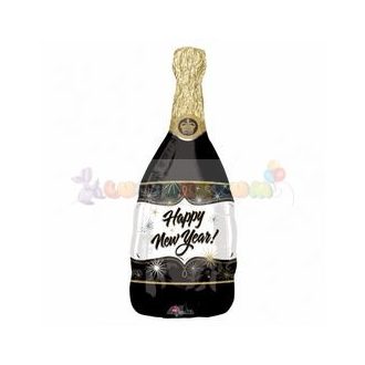   Happy New Year Fekete Pezsgősüveg Super Shape Fólia Léggömb Szilveszterre