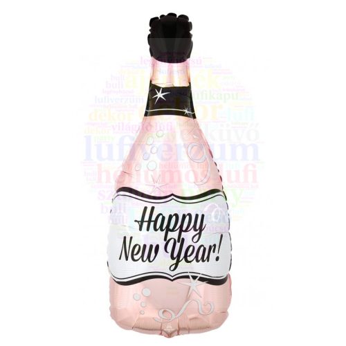 Rosegold Színű Happy New Year Feliratú Pezsgősüveg Fólia Lufi Szilveszterre