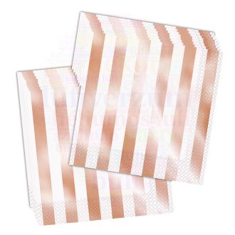   Fényes Csíkos Rózsaarany - Rose Gold Parti Szalvéta - 33 cm x 33 cm, 16 db-os