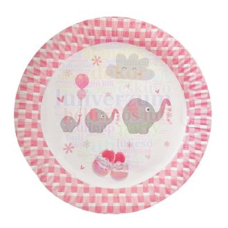 Rózsaszín Elefántos Parti Tányér, 23 cm, 6 db-os