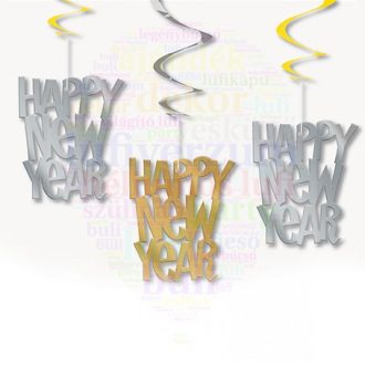   Happy New Year Feliratú Parti Spirális Függő Dekoráció, 3 db-os