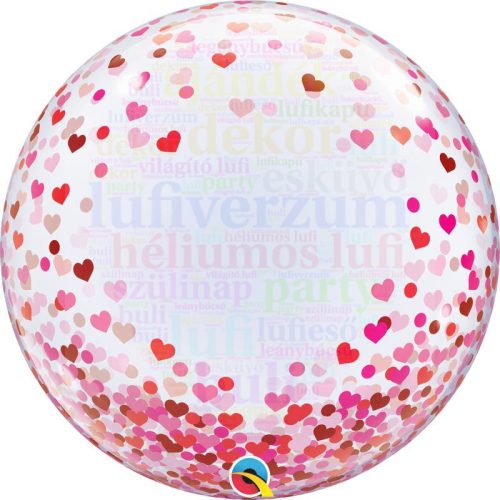 Piros & Pink Konfetti Szívecske Mintás Deco Bubble Lufi - 61 cm-es