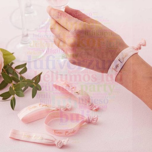 Team Bride Feliratú Rózsaszín Karkötő Lánybúcsúra, 5 db-os