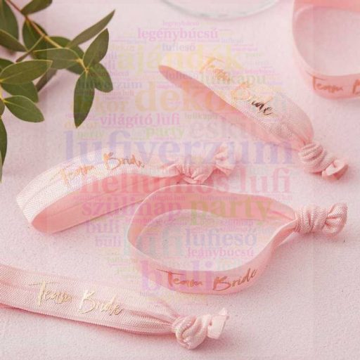 Team Bride Feliratú Rózsaszín Karkötő Lánybúcsúra, 5 db-os